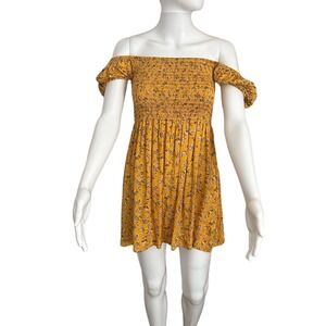Floral Smocked Off Shoulder‎ Mini Dress Cottagecore Sundress Yellow OS